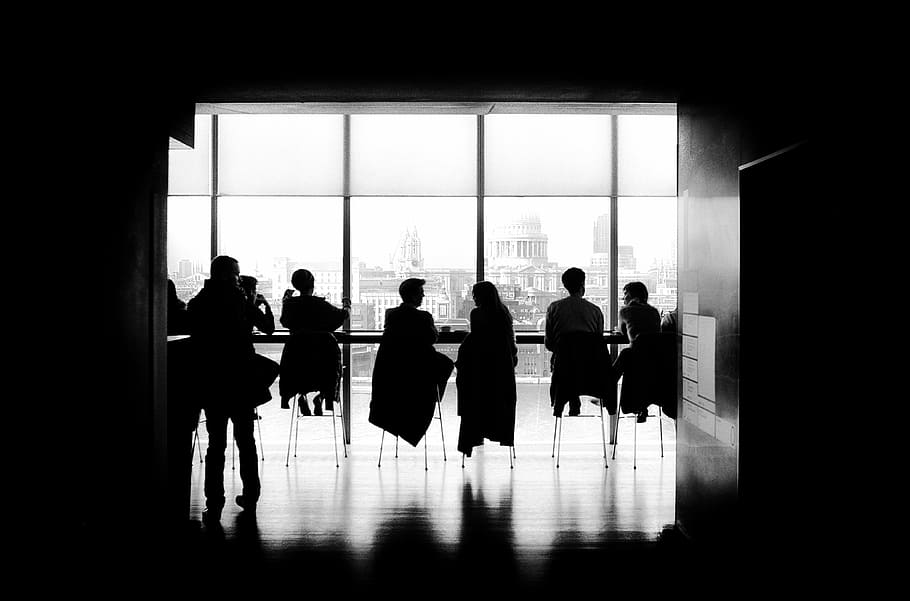 bar, business, conference, corporate, meeting, people, silhouettes, window, indoors, silhouette, group of people, men, real people, architecture, glass - material, adult, women, day, flooring, transportation, built structure, walking, full length, standing, lifestyles, leisure activity, waiting, 4K